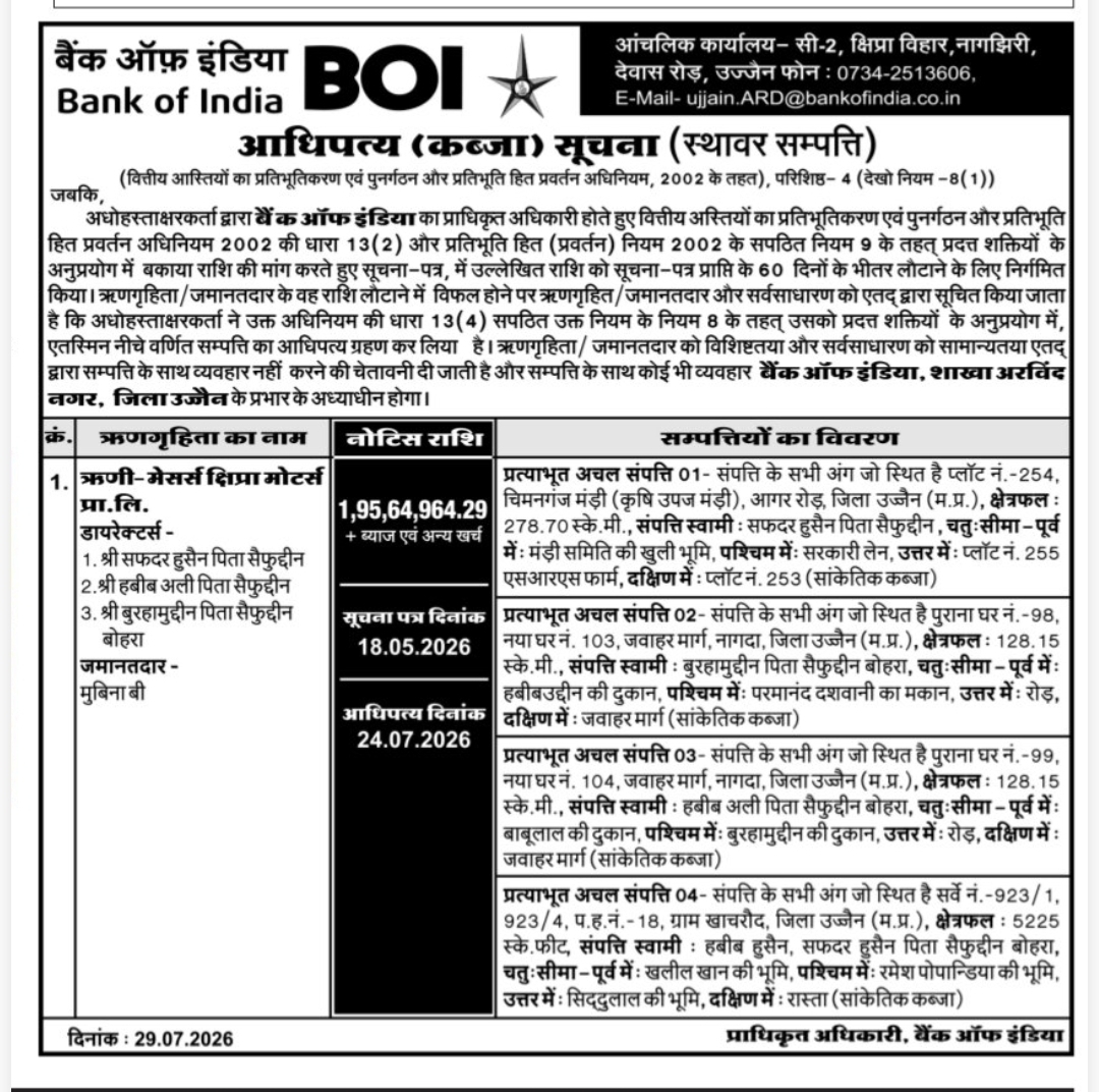 📢 Possession Notice – Bank of India | Ujjain, Madhya Pradesh
