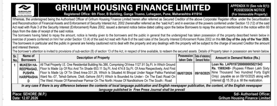🏦 Possession Notice – Grihum Housing Finance Limited