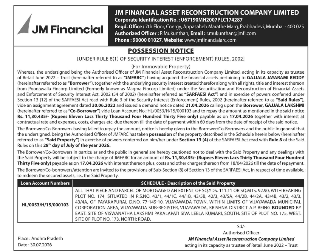 📢 Possession Notice – JM Financial Asset Reconstruction Company Ltd. | Krishna