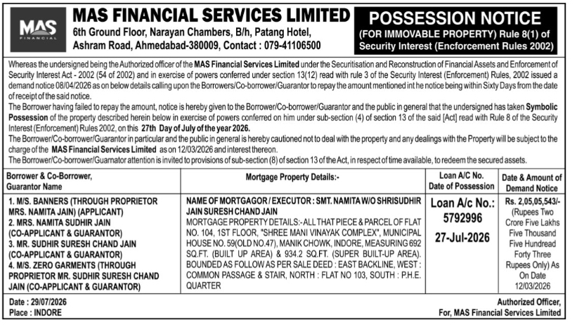 ⚠️ Possession Notice – MAS Financial Services Limited, Indore
