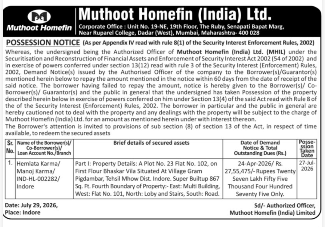 ⚠️ Possession Notice – Muthoot Homefin (India) Limited, Indore