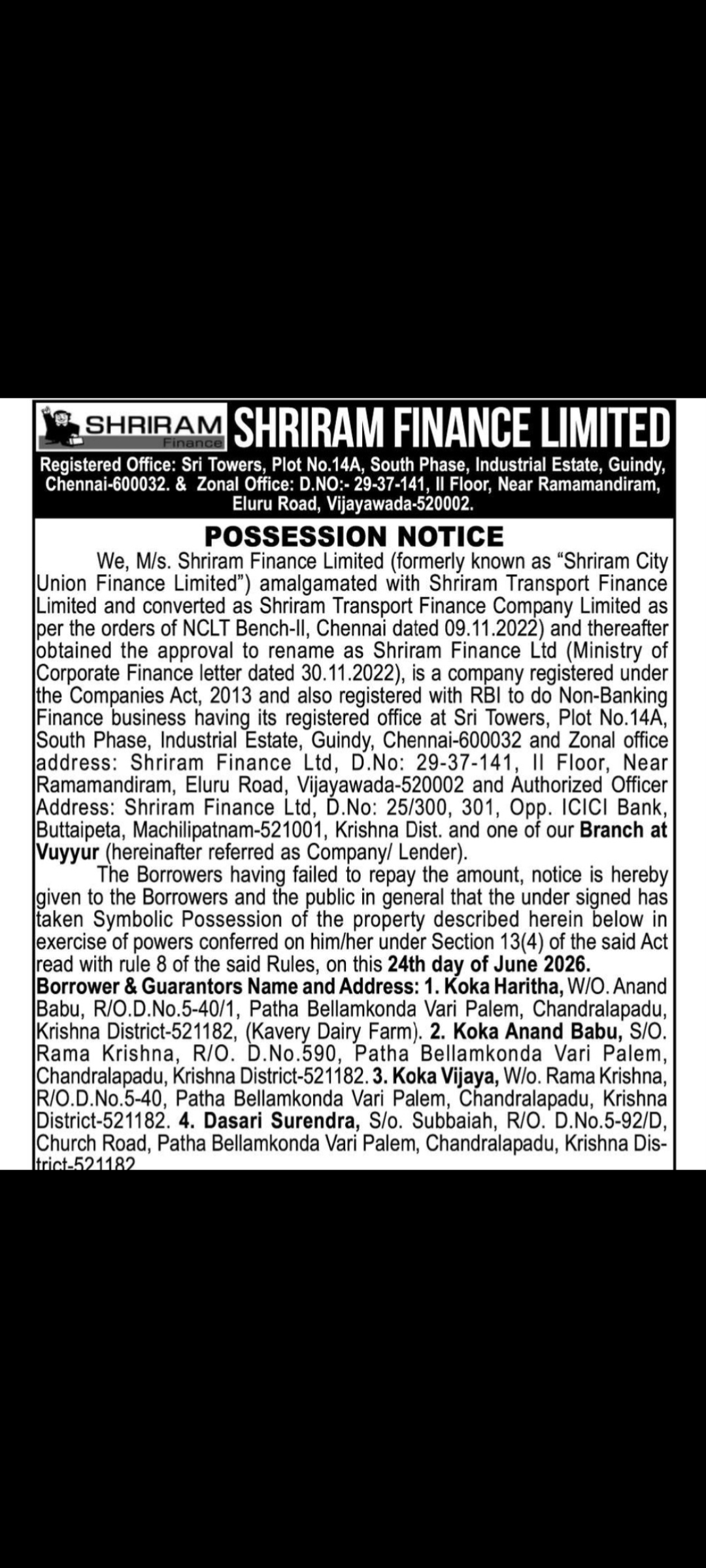 📢 Possession Notice – Shriram Finance Limited