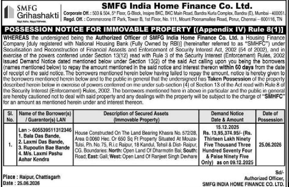 📢 Possession Notice – SMFG India Home Finance