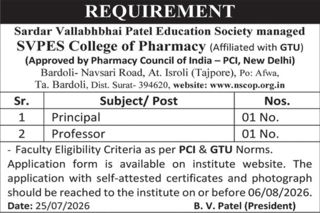 🎓 Principal & Professor Recruitment – SVPES College of Pharmacy