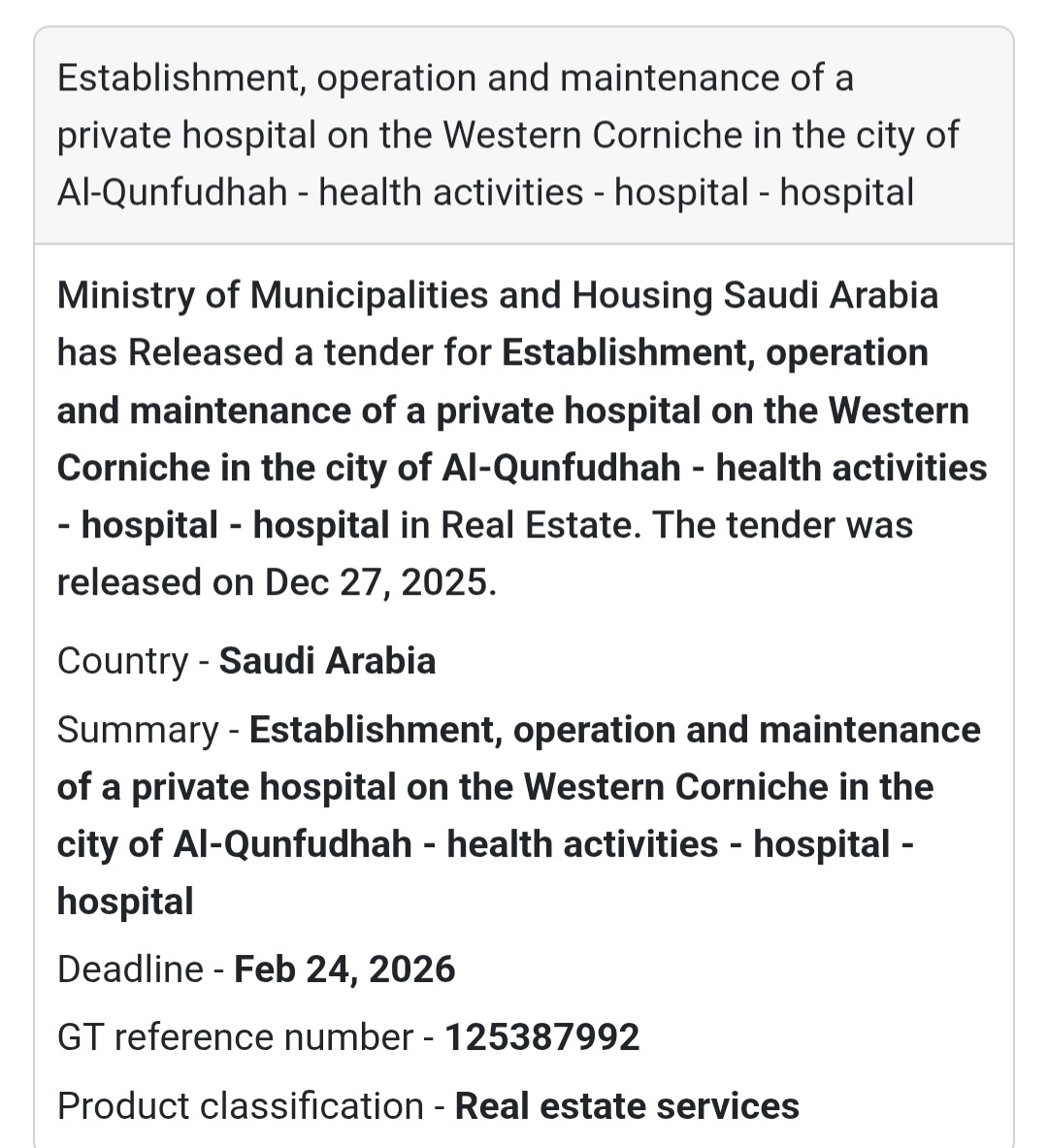 🏥 Private Hospital Development Tender | Al-Qunfudhah 🇸🇦