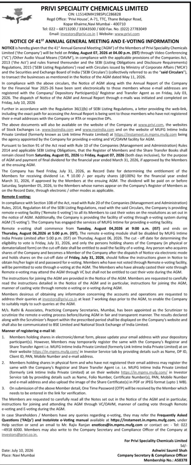 📢 Privi Speciality Chemicals Limited – AGM & E-Voting Notice