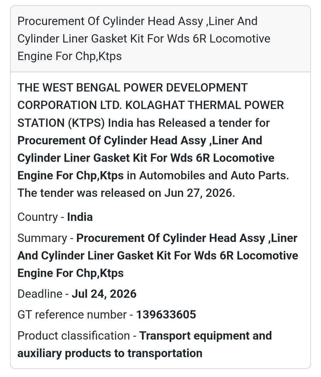 🚂 Procurement of Cylinder Head Assembly, Liner & Gasket Kit for WDS 6R Locomotive Engine | 📍Kolaghat Thermal Power Station (KTPS)
