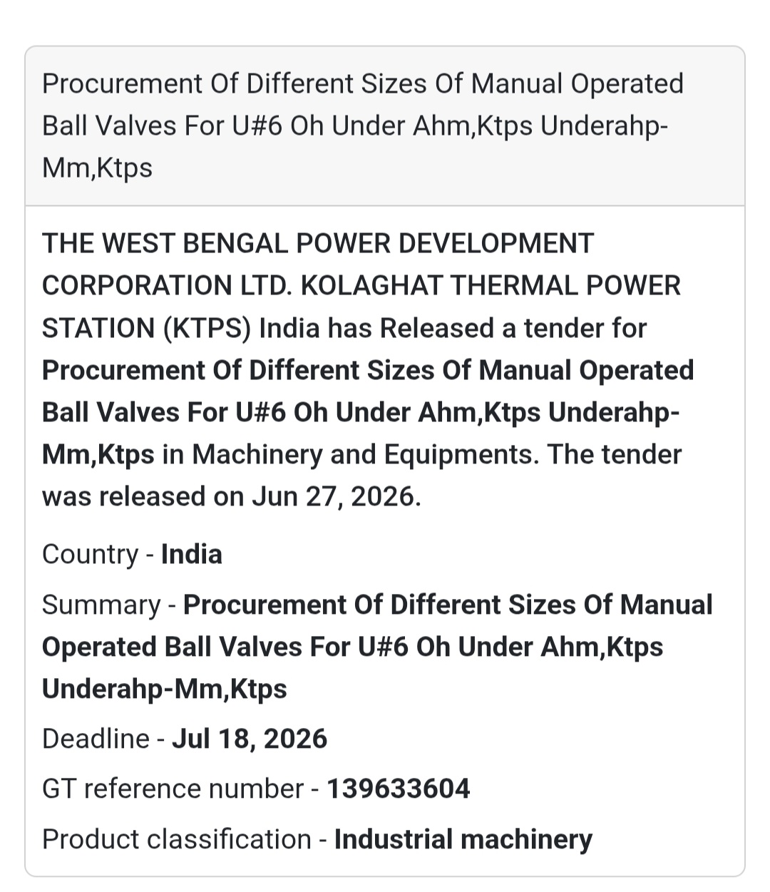 ⚙️ Procurement of Manual Operated Ball Valves for U#6 OH | 📍Kolaghat Thermal Power Station (KTPS)
