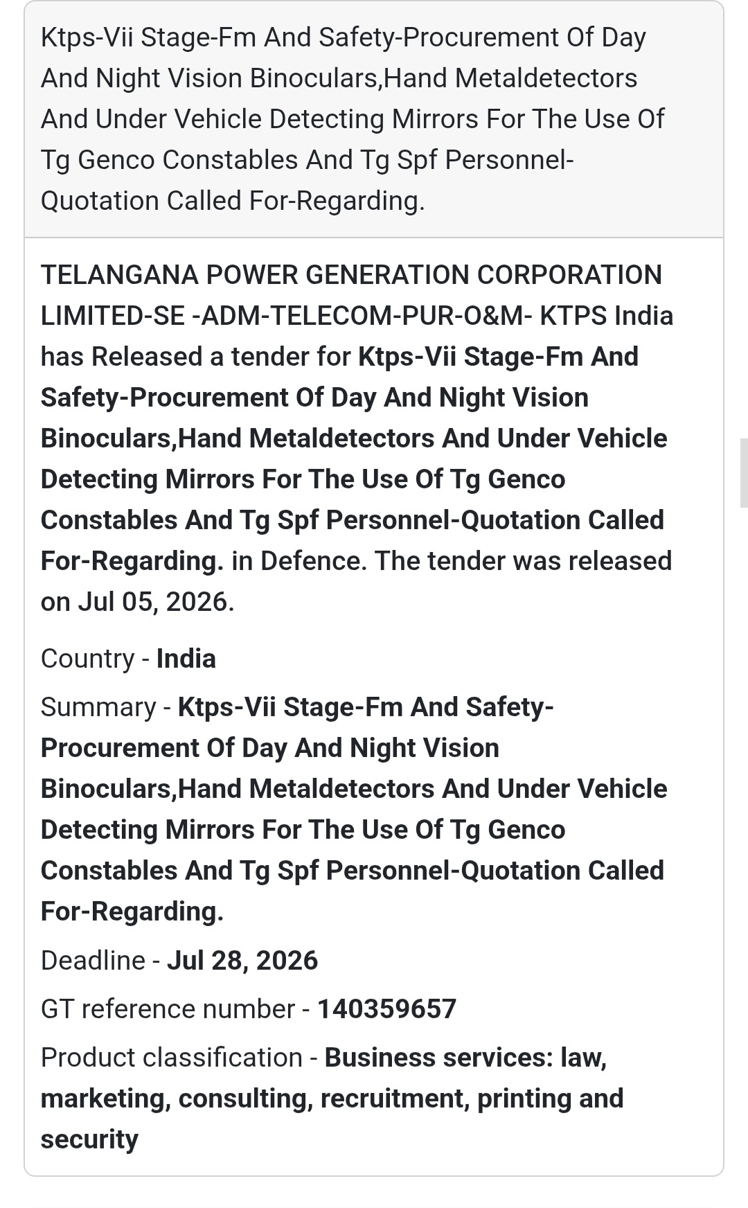 🔍 Procurement of Security Equipment for KTPS-VII Stage – TGGENCO 🛡️