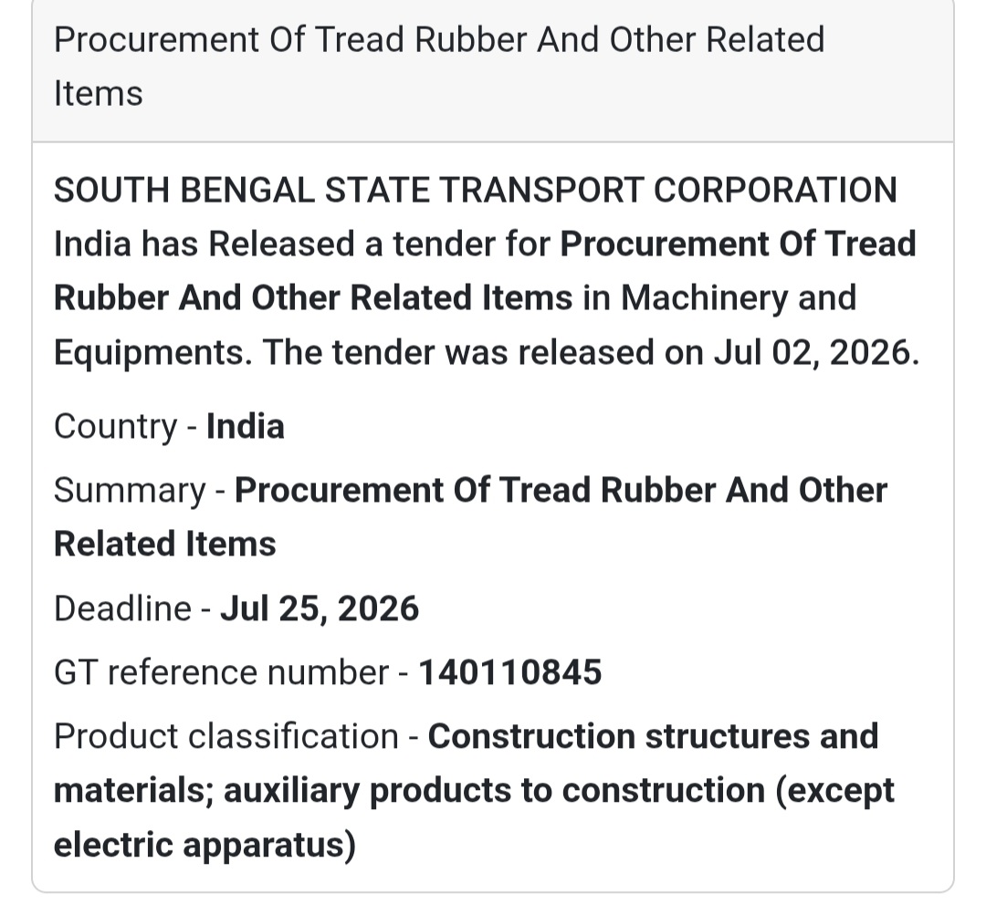 🛞 Procurement of Tread Rubber & Related Items | 📍West Bengal