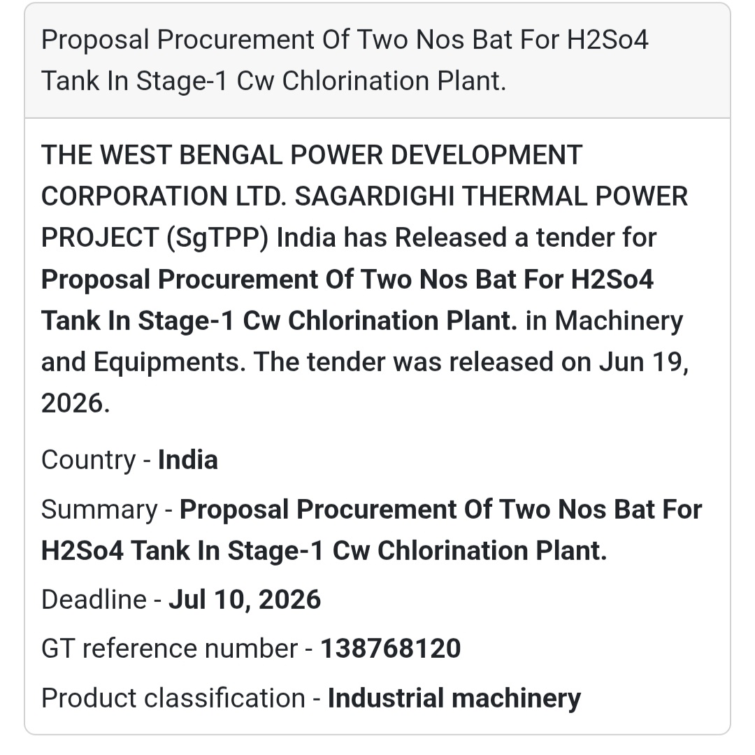 🏭 Procurement Of Two Nos BAT For H₂SO₄ Tank In Stage-1 CW Chlorination Plant