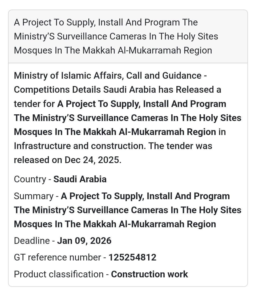🎥 Project to Supply, Install & Program Surveillance Cameras – Holy Sites 🇸🇦