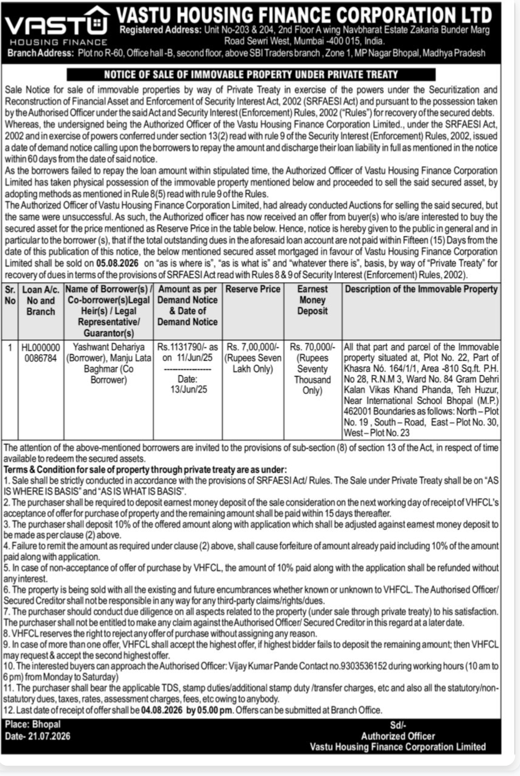 🏠 Property Sale Notice Under SARFAESI Act – Bhopal