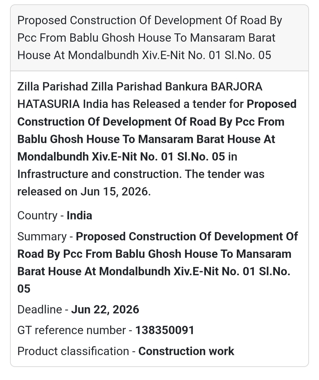 🛣️ Proposed Construction of PCC Road from Bablu Ghosh House to Mansaram Barat House – Mondalbundh, Barjora,