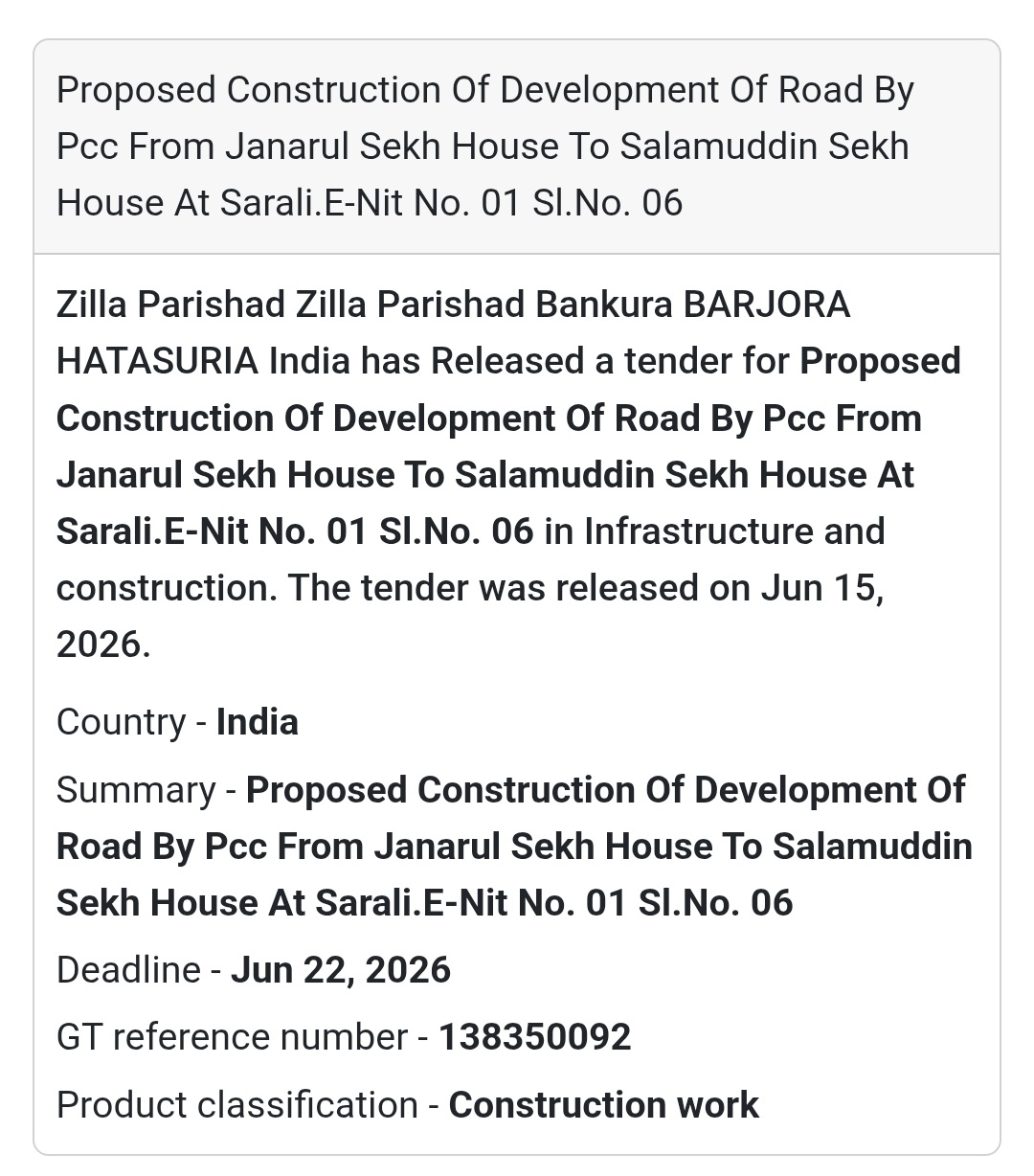 🛣️ Proposed Construction of PCC Road from Janarul Sekh House to Salamuddin Sekh House – Sarali, Barjora, Bankura