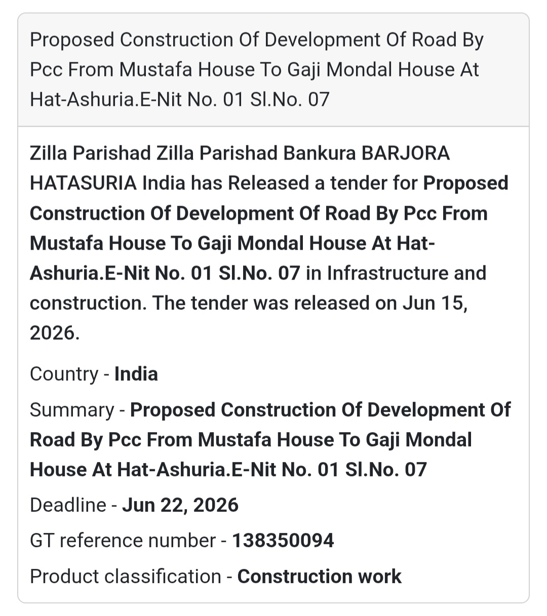 🛣️ Proposed Construction of PCC Road from Mustafa House to Gaji Mondal House – Hat-Ashuria, Barjora, Bankura