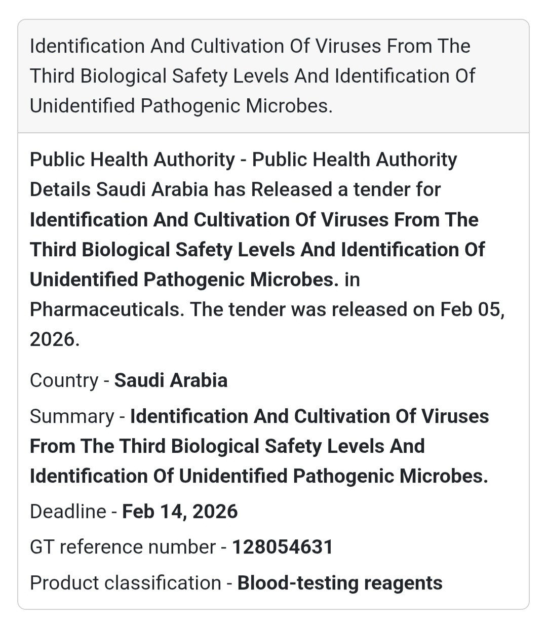 🧪 Public Health & Virology Tender