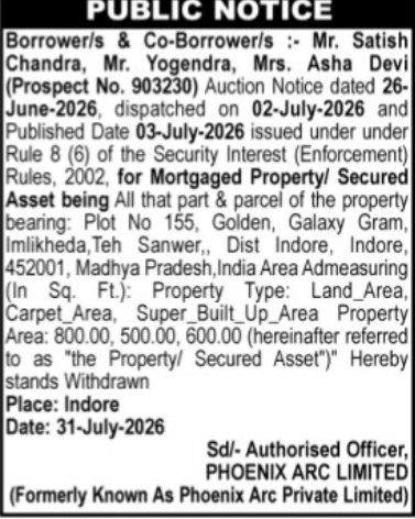 📢 Public Notice – Auction Notice Withdrawn – Indore