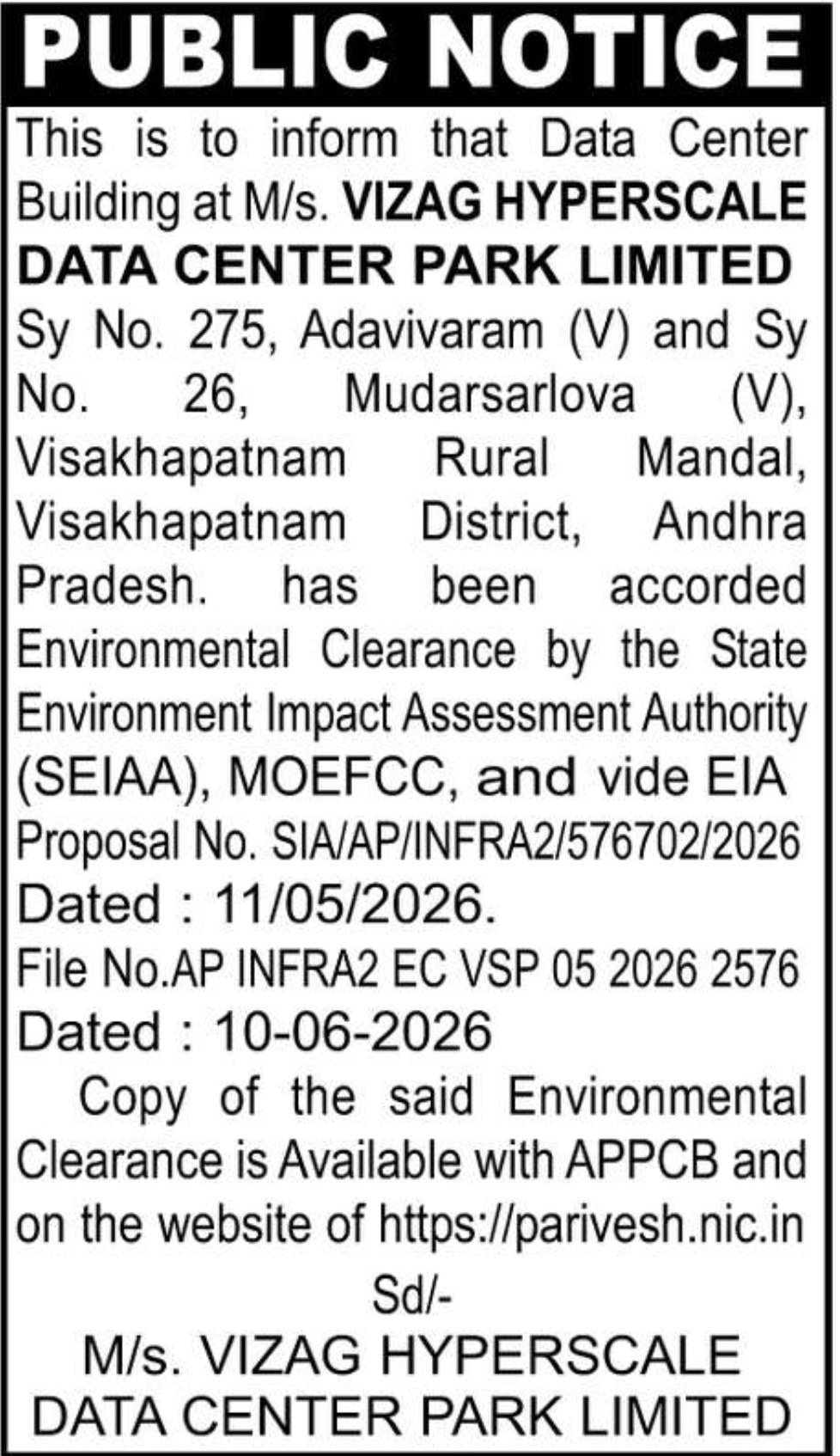 📢 PUBLIC NOTICE – ENVIRONMENTAL CLEARANCE