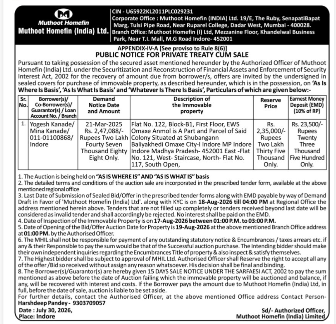 🏠 Public Notice for Private Treaty Sale – Muthoot Homefin (India) Ltd. | Indore, Madhya Pradesh
