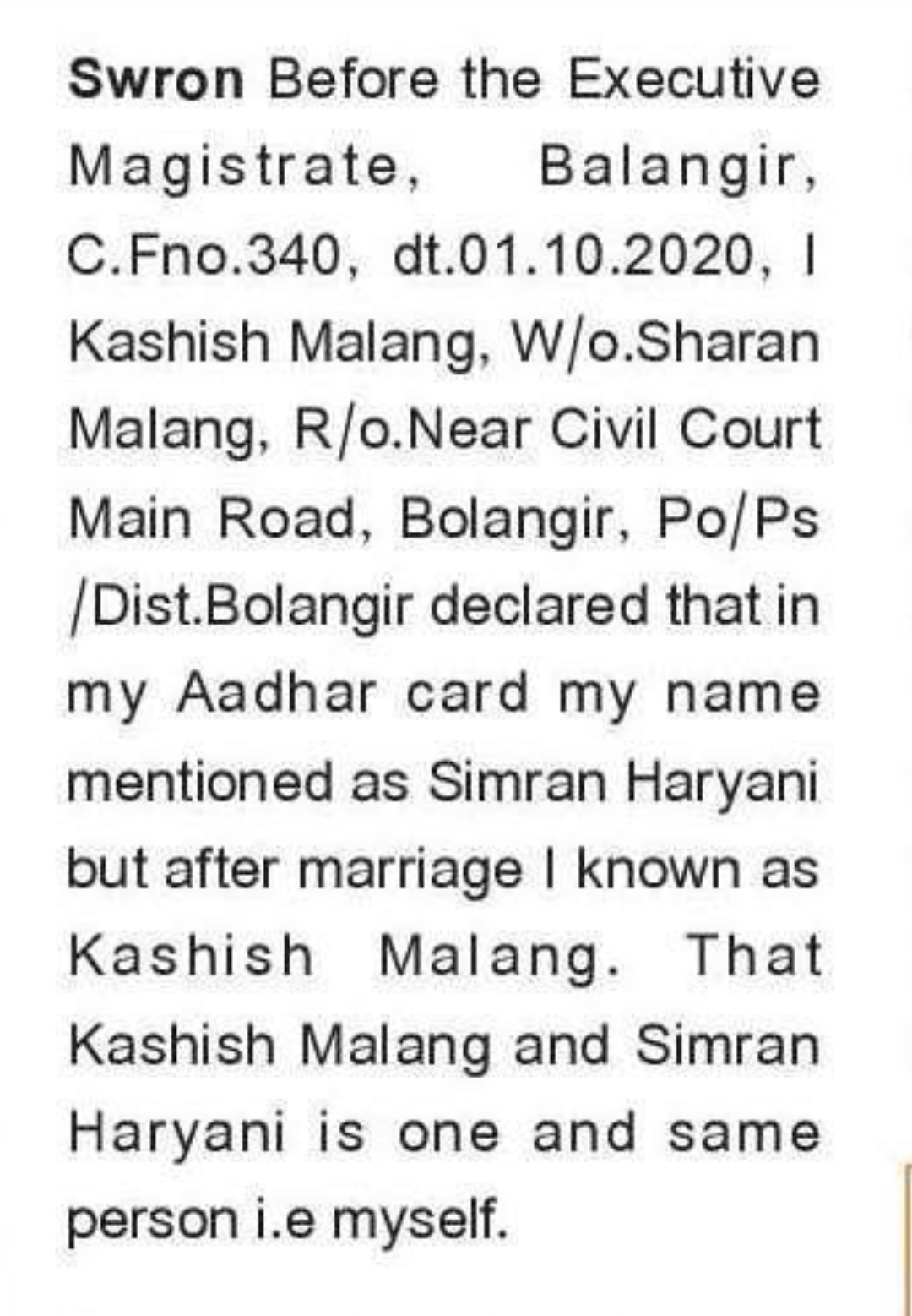 📢 Public Notice – Identity Declaration KASHISH MALANG