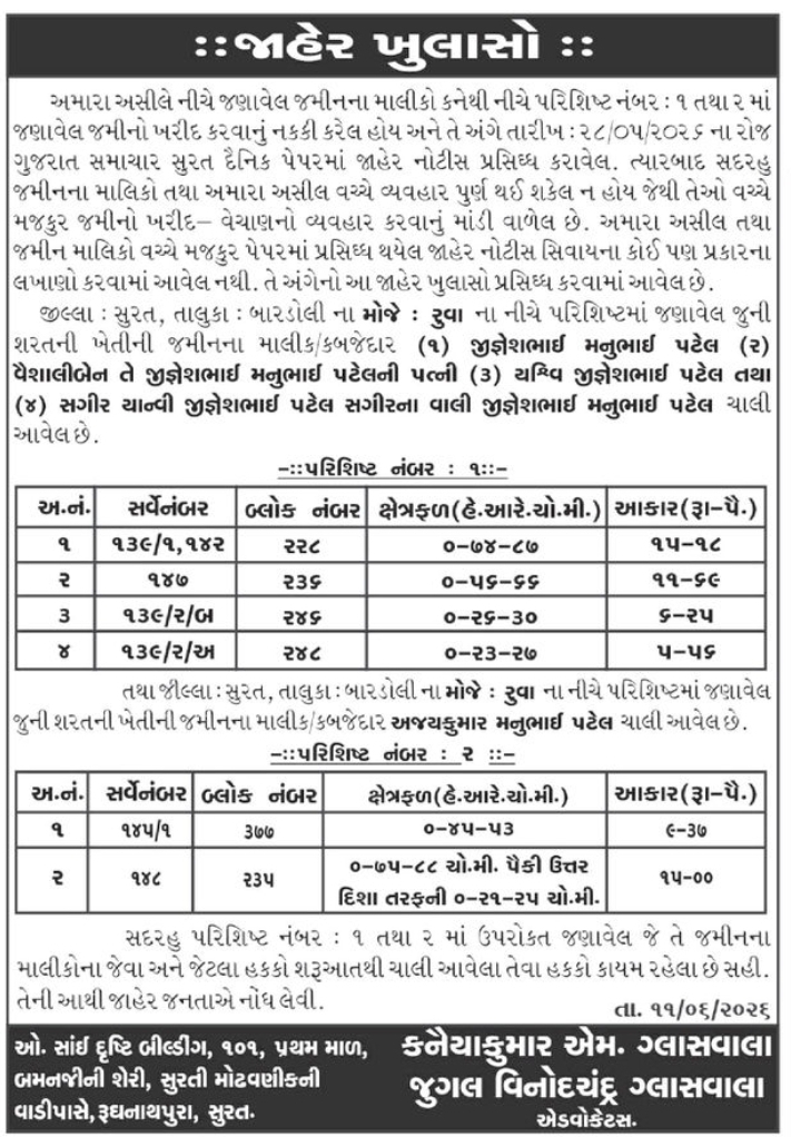 📢 PUBLIC NOTICE – LAND TRANSACTION & OBJECTION NOTICE (BARDOLI, SURAT)