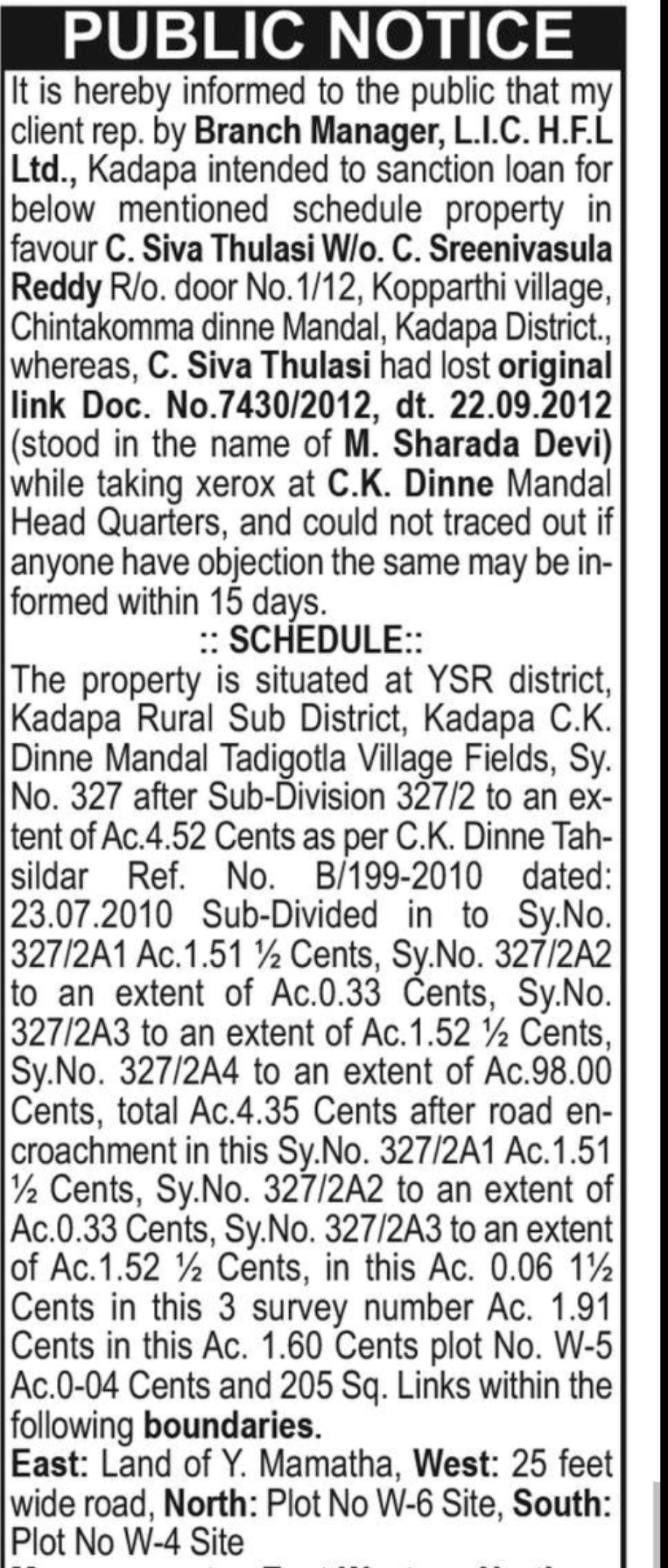 📢 Public Notice – Lost Original Property Document | 📍Kadapa