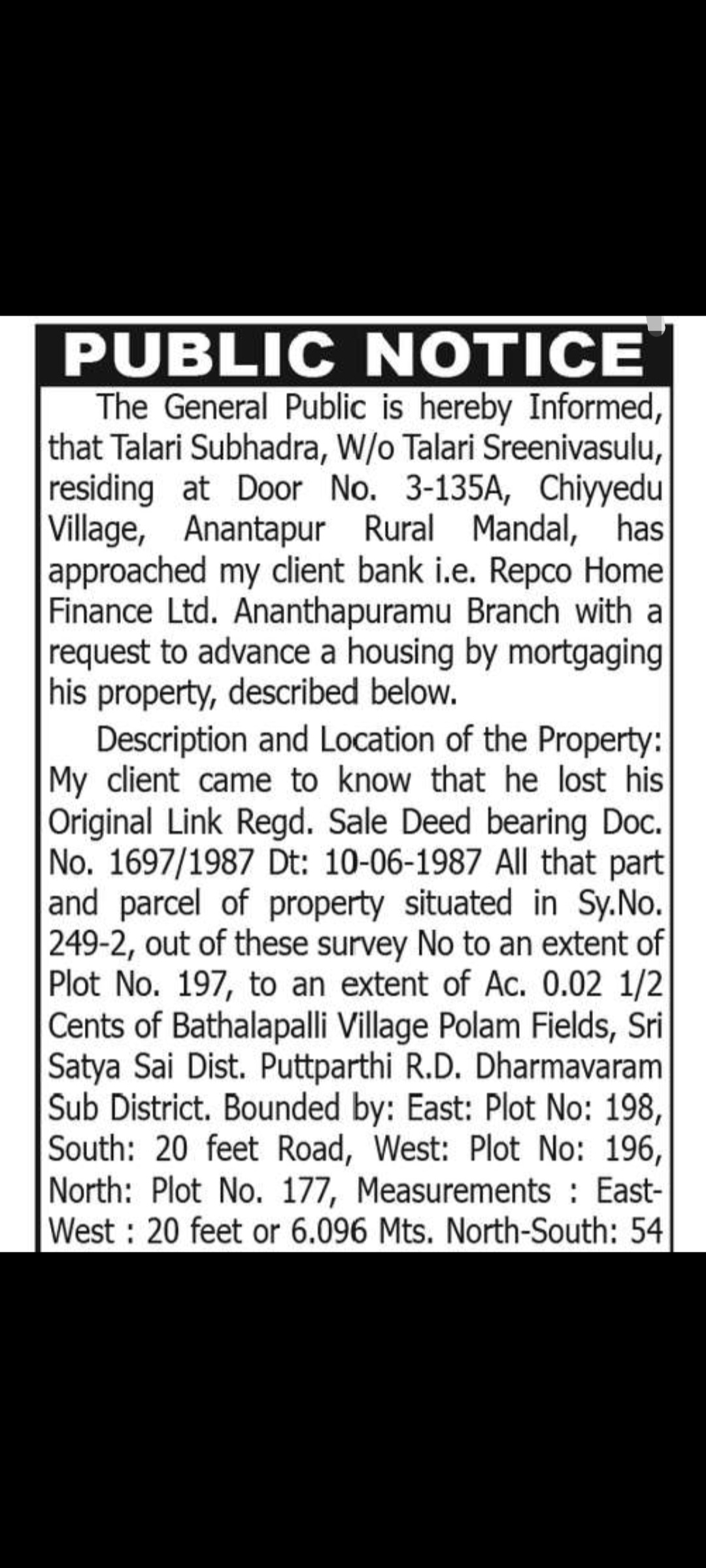 📢 Public Notice – Lost Original Sale Deed