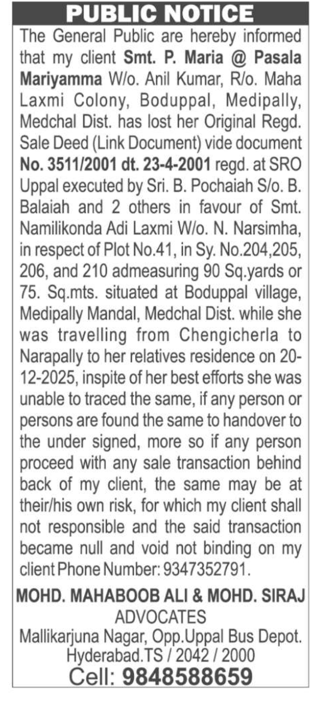 📢 PUBLIC NOTICE – Lost Original Sale Deed