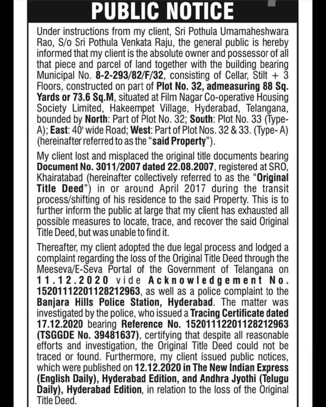 📢 PUBLIC NOTICE – Lost Original Title Deed