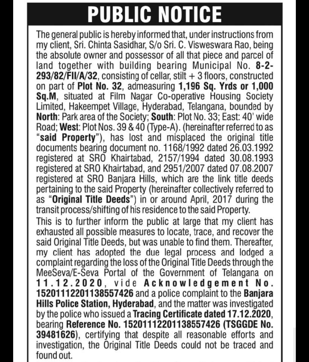 📢 PUBLIC NOTICE – Lost Original Title Deeds
