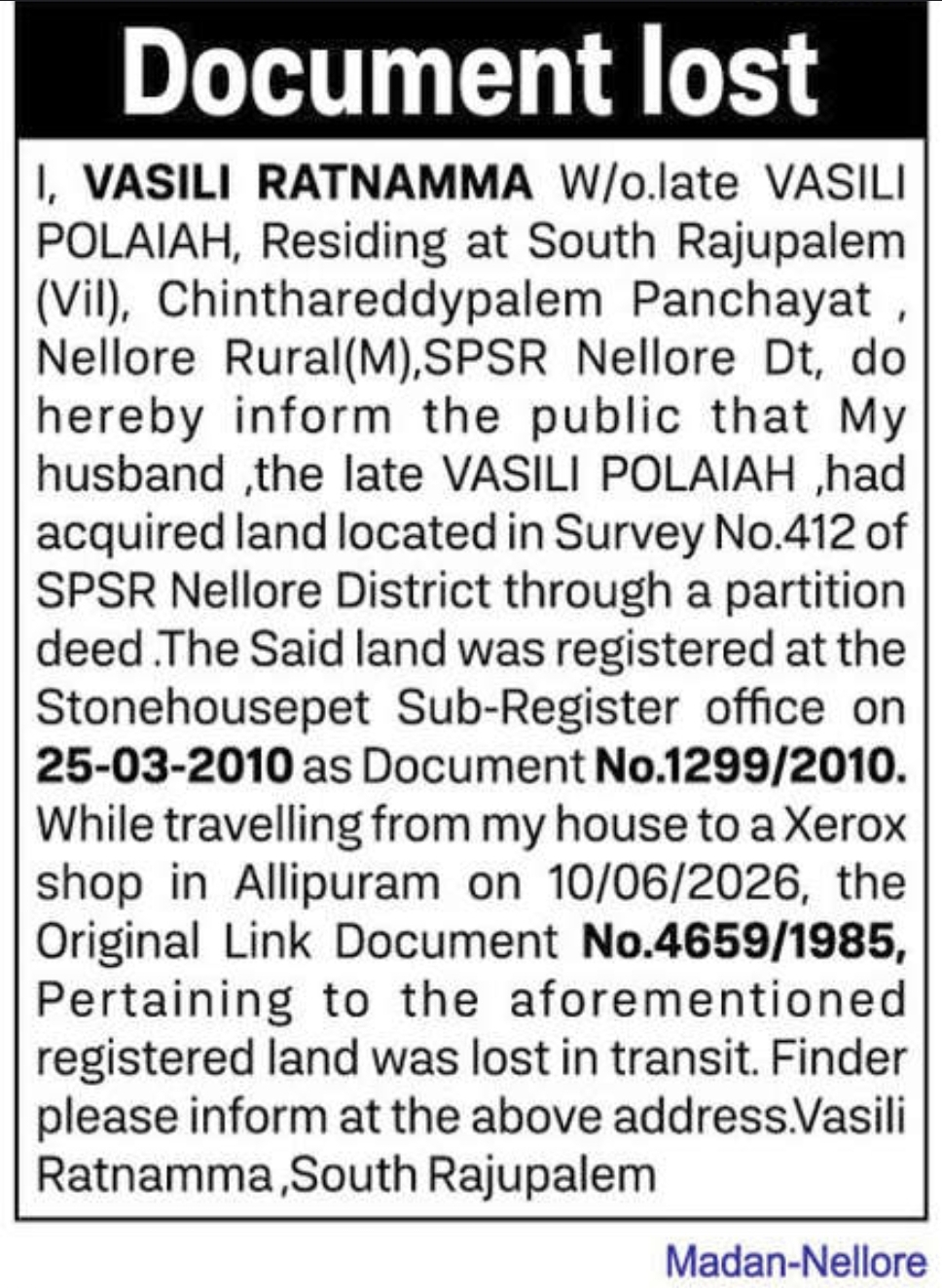 📢 Public Notice – Lost Property Document