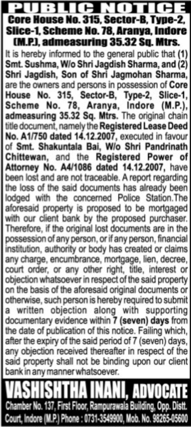 📢 Public Notice – Lost Property Documents