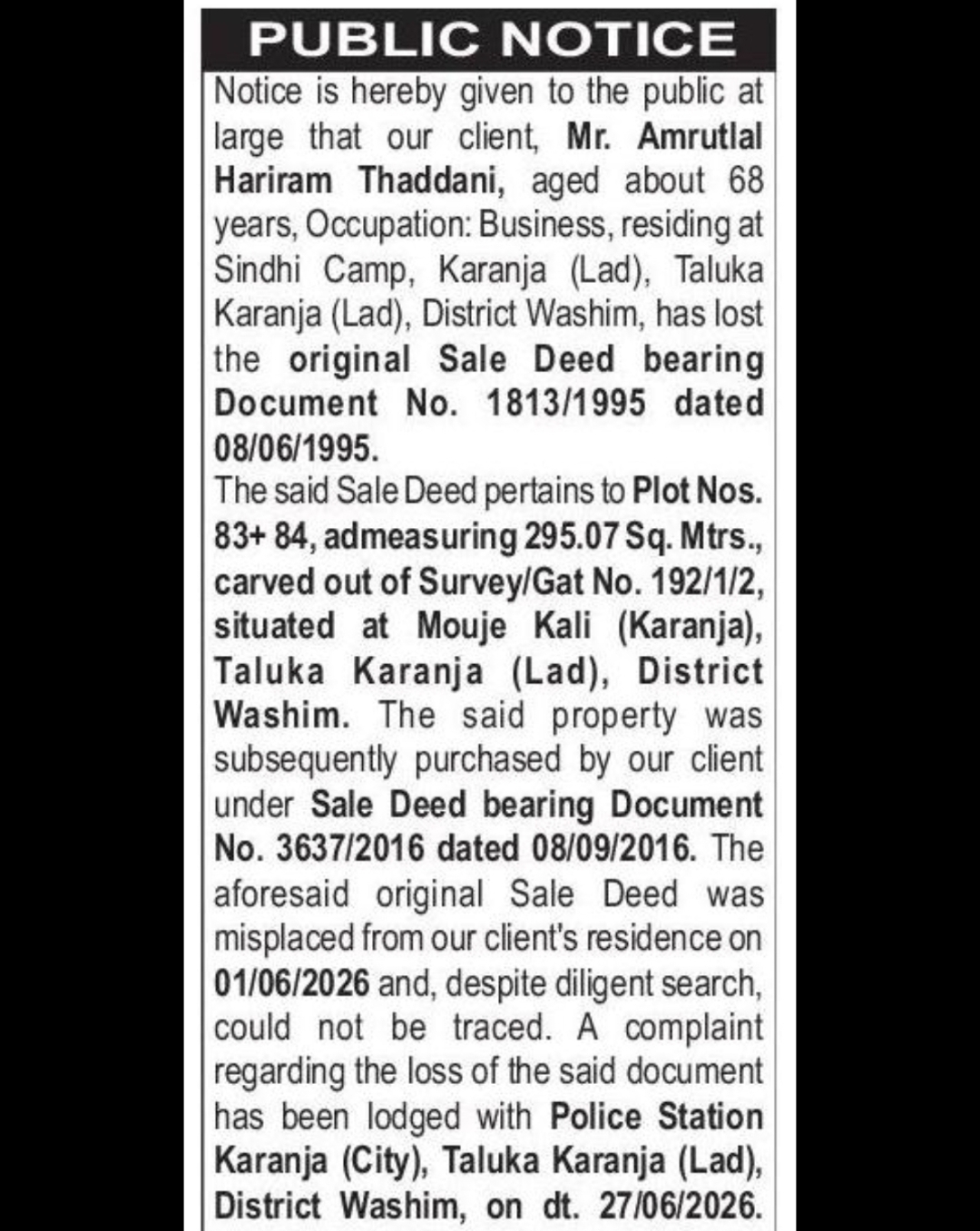 📢 Public Notice – Lost Sale Deed