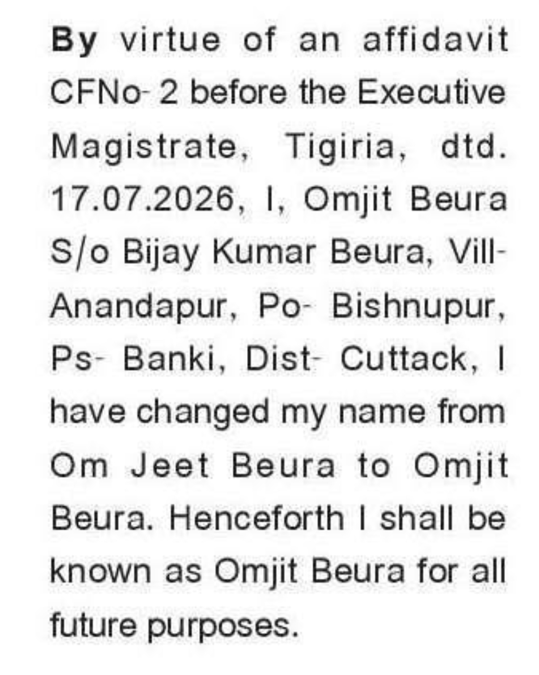 📢 Public Notice – Name Change (Om Jeet Beura to Omjit Beura)