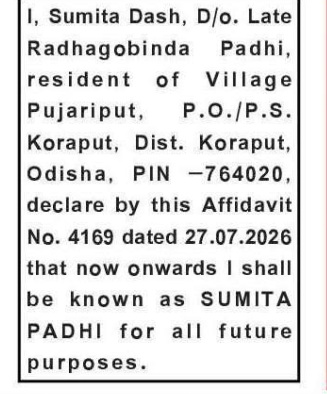 📢 Public Notice – Name Change (Sumita Dash to Sumita Padhi)