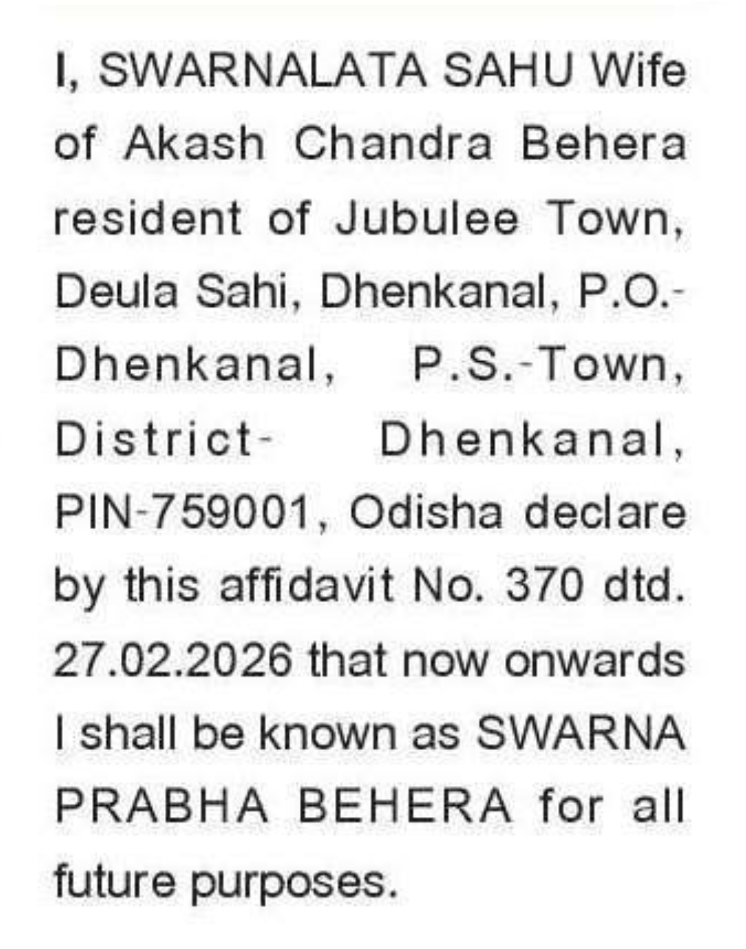 📢 Public Notice – Name Change (Swarnalata Sahu to Swarna Prabha Behera)