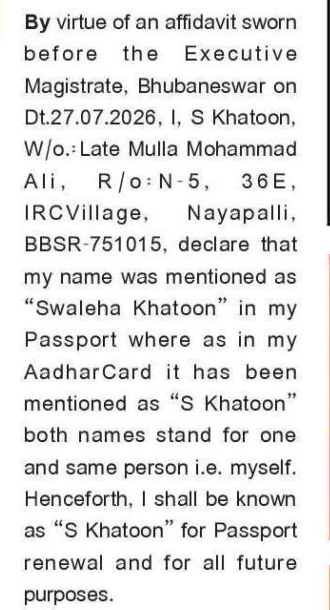 📢 Public Notice – Name Clarification S KHATOON