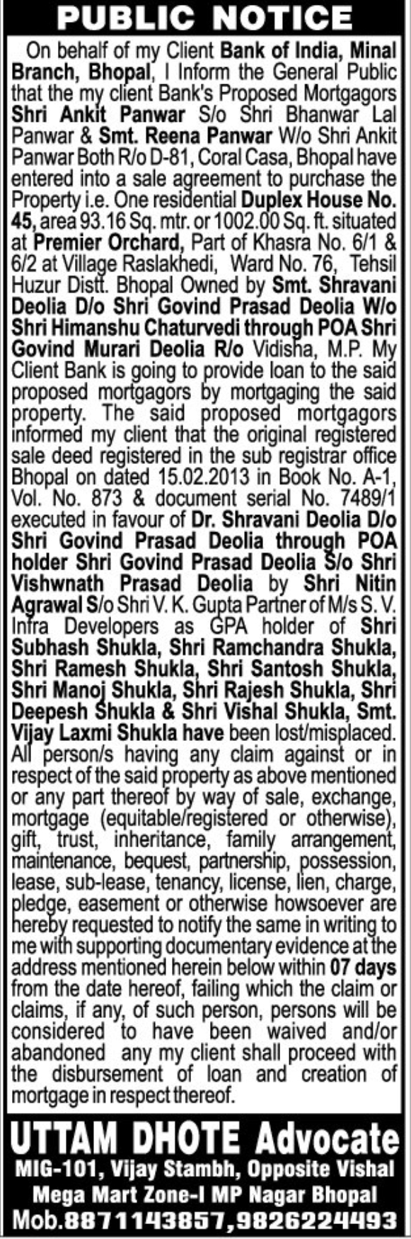 📢 PUBLIC NOTICE – Property Loan & Lost Sale Deed