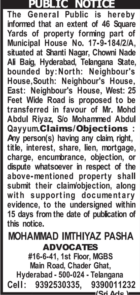 🏡 Public Notice – Property Transfer