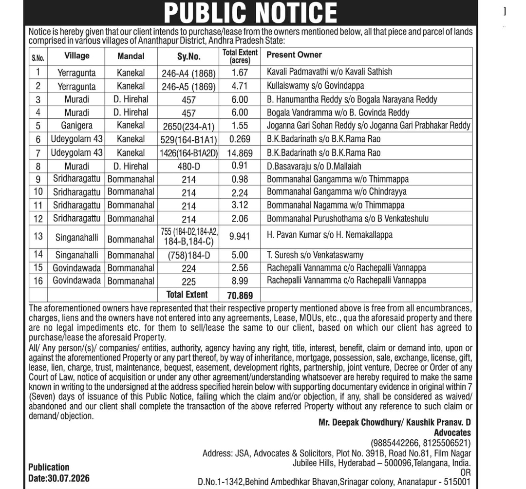 📢 Public Notice – Proposed Purchase/Lease of Land