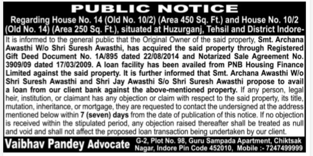 📢 Public Notice Regarding Property – Indore