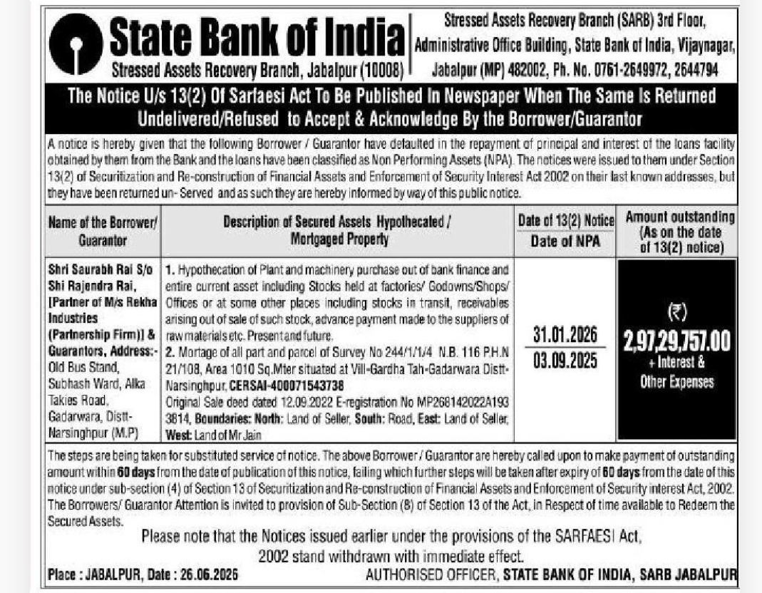 ⚖️ Public Notice – SBI SARFAESI Recovery Notice