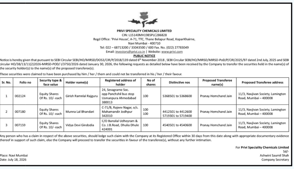 📢 Public Notice – Transfer of Equity Shares