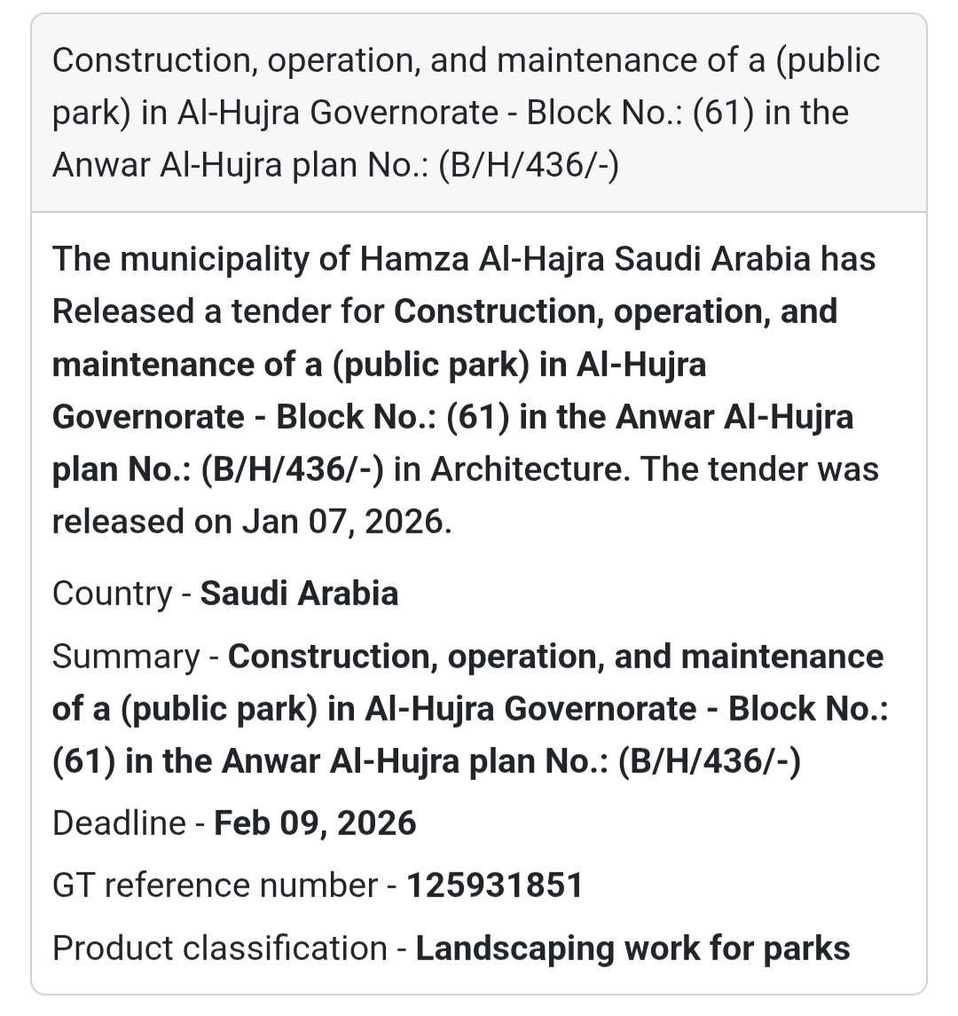 🌳 Public Park – Block (61), Anwar Al-Hujra Plan