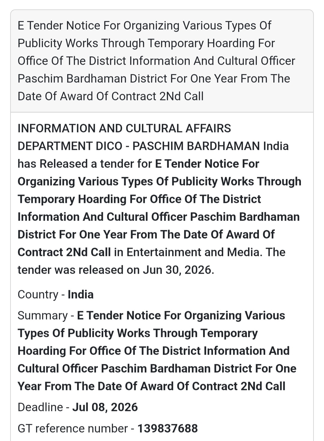 📢 Publicity Works Tender Through Temporary Hoardings | Paschim Bardhaman