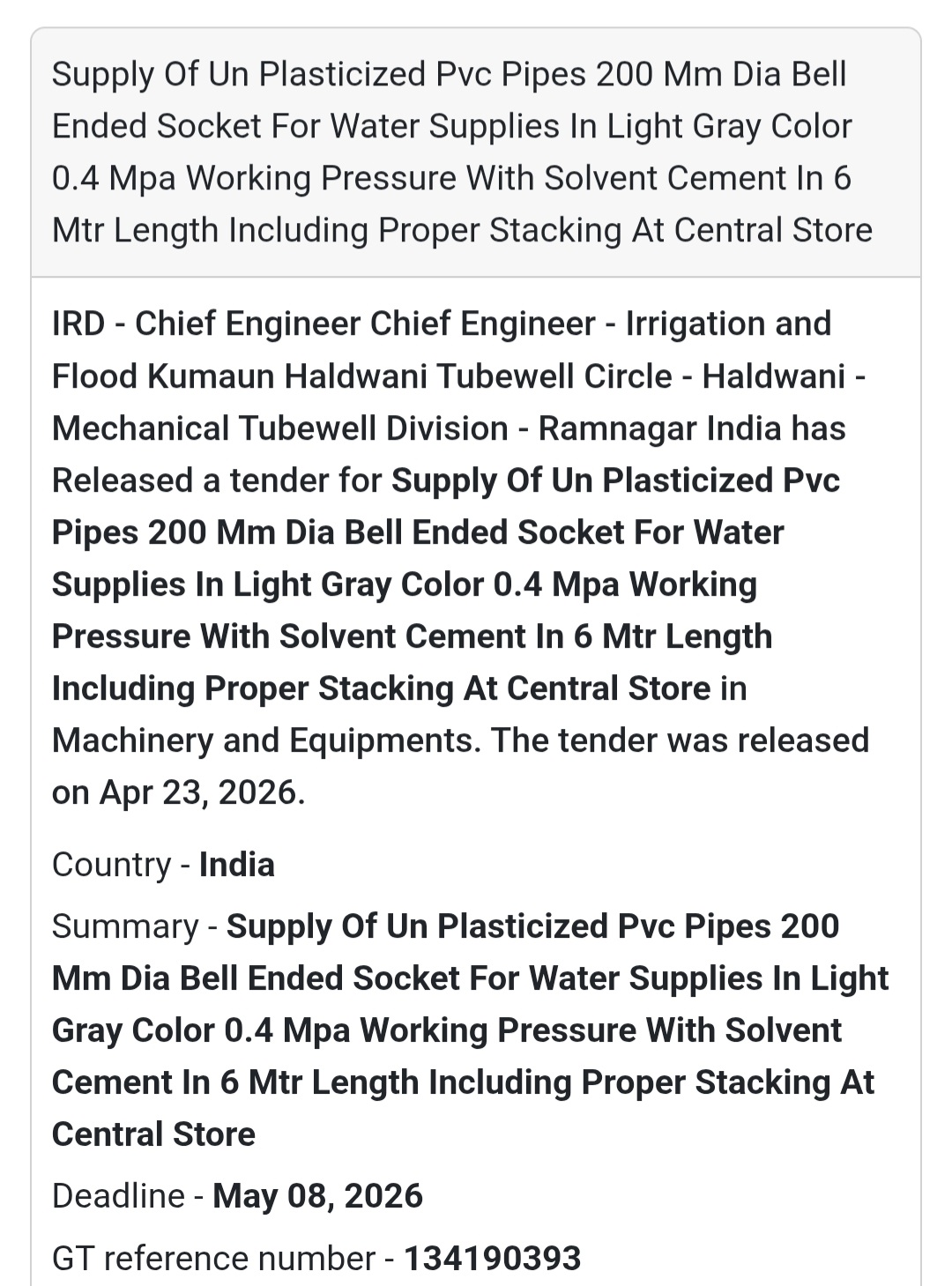 🚰 PVC Pipes Supply Tender
