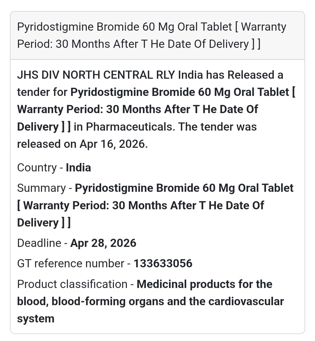 💊 Pyridostigmine Bromide Tablets Tender