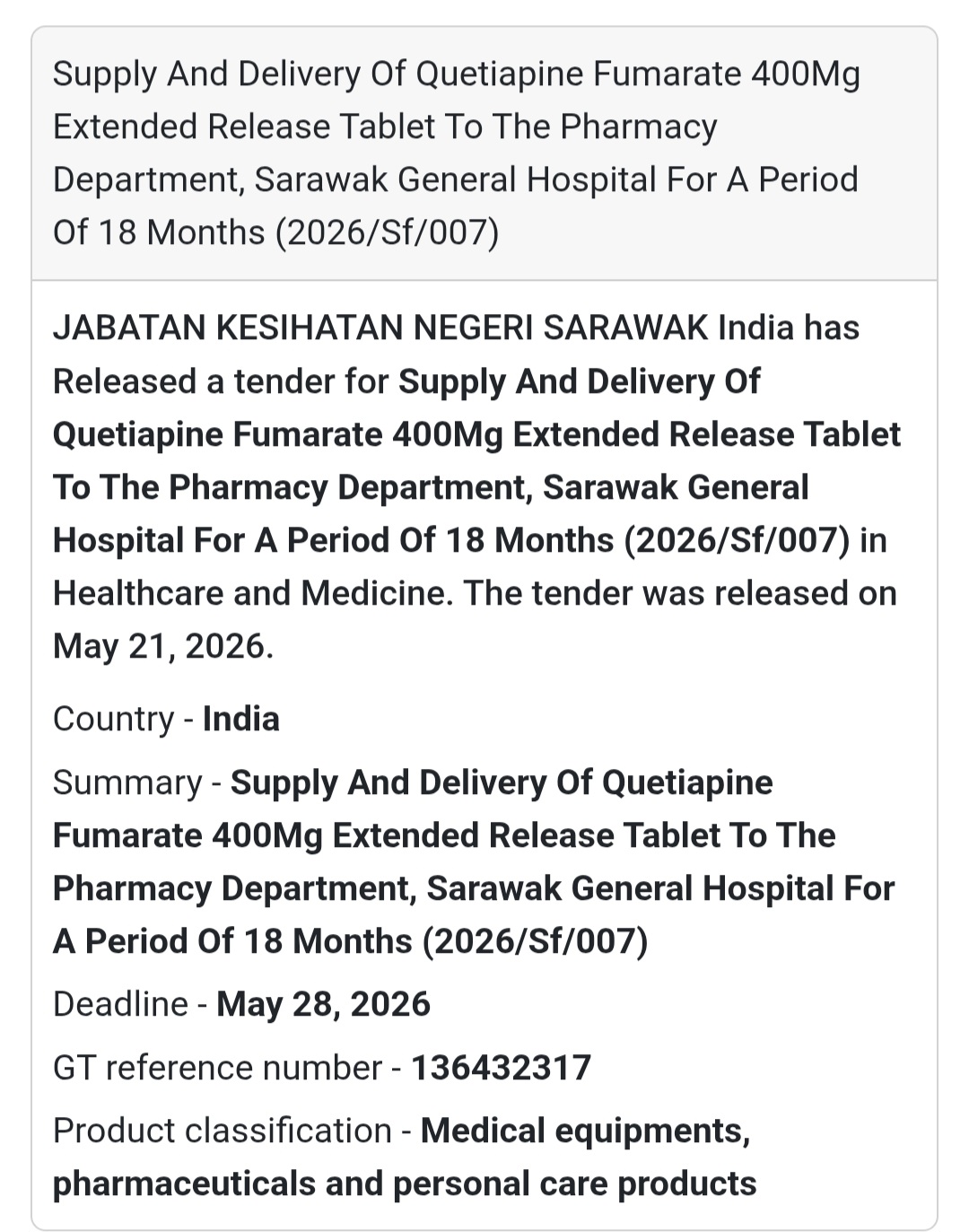 💊 Quetiapine 400mg Supply Tender