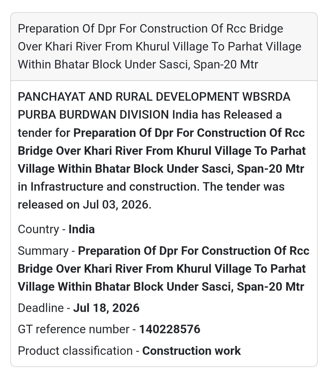 🌉 RCC Bridge DPR Preparation Tender – Purba Bardhaman, West Bengal📢 New Tender Alert!